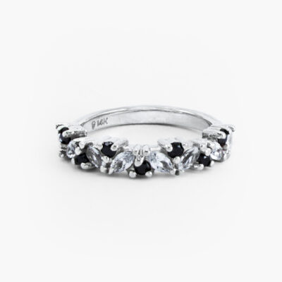 Churumbela con diamantes negros y zafiros marquesa en oro blanco 14K