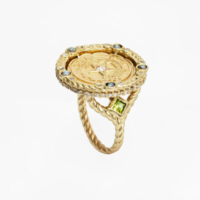 Anillo Waldemar Camp All-Star en oro amarillo 14K con moneda conmemorativa y gemas